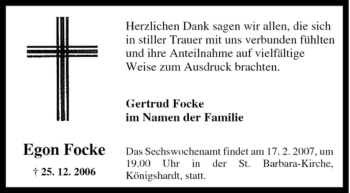 Traueranzeige von Egon Focke von Tageszeitung
