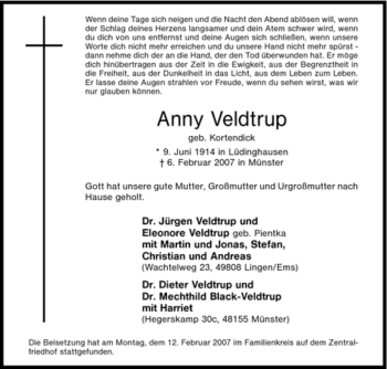 Traueranzeige von Anny Veldtrup von Tageszeitung