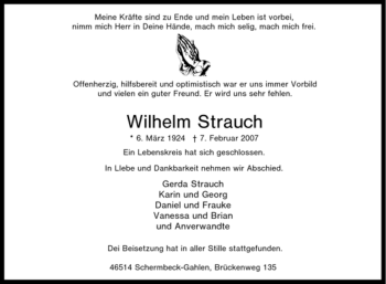 Traueranzeige von Wilhelm Strauch von Tageszeitung