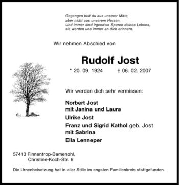 Traueranzeige von Rudolf Jost von Tageszeitung