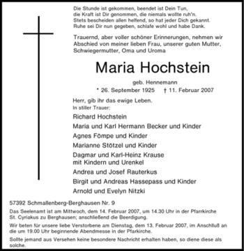 Traueranzeige von Maria Hochstein von Tageszeitung