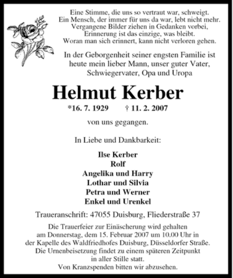  Traueranzeige für Helmut Kerber vom 13.02.2007 aus Tageszeitung