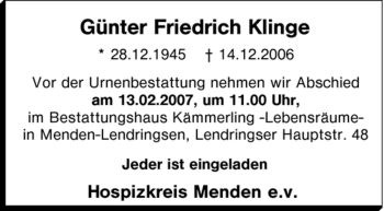 Traueranzeige von Günter Friedrich Klinge von Tageszeitung