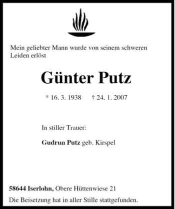 Traueranzeige von Günter Putz von Tageszeitung
