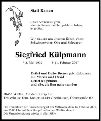 Traueranzeige von Siegfried Külpmann von Tageszeitung