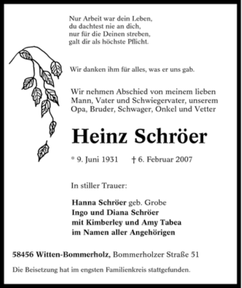 Traueranzeige von Heinz Schröer von Tageszeitung