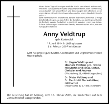 Traueranzeige von Anny Veldtrup von Tageszeitung