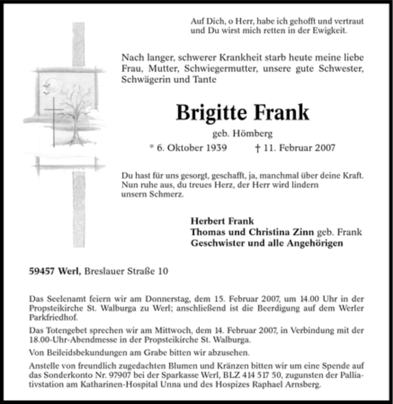  Traueranzeige für Brigitte Frank vom 13.02.2007 aus Tageszeitung