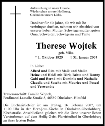 Traueranzeige von Therese Wojtek von Tageszeitung