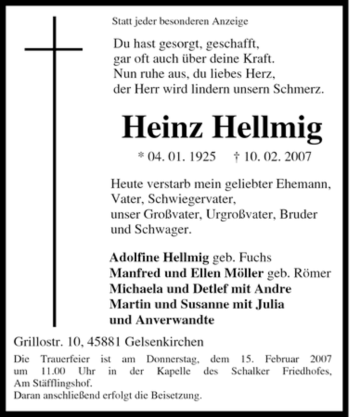 Traueranzeigen von Heinz Hellmig TrauerinNRW.de