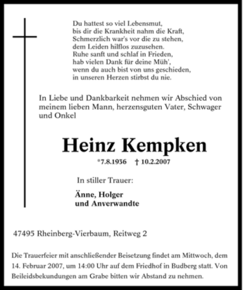 Traueranzeige von Heinz Kempken von Tageszeitung