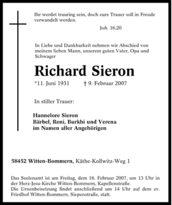 Traueranzeige von Richard Sieron von Tageszeitung