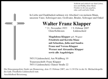 Traueranzeige von Walter Franz Klapper von Tageszeitung