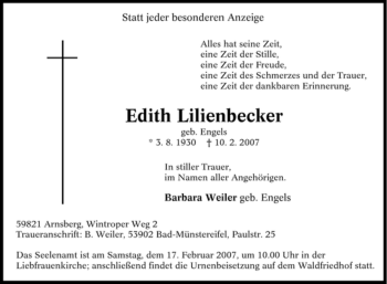 Traueranzeige von Edith Lilienbecker von Tageszeitung
