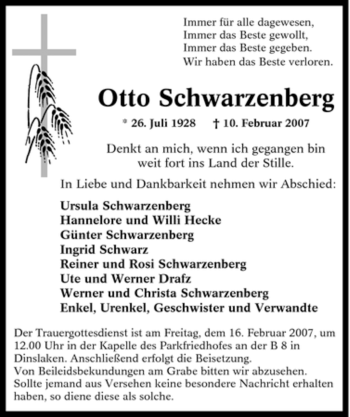 Traueranzeige von Otto Schwarzenberg von Tageszeitung