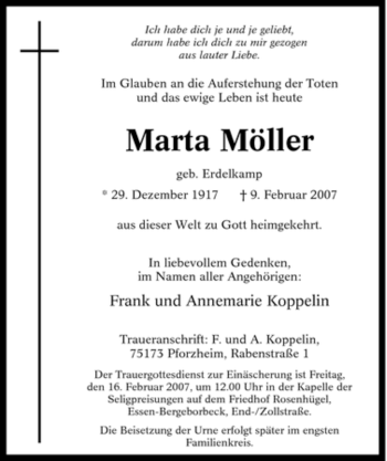 Traueranzeige von Marta Möller von Tageszeitung