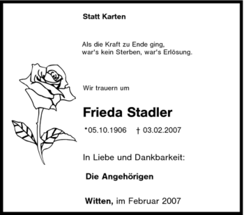 Traueranzeige von Frieda Stadler von Tageszeitung