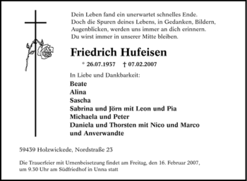 Traueranzeige von Friedrich Hufeisen von Tageszeitung