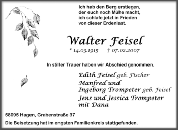 Traueranzeige von Walter Feisel von Tageszeitung