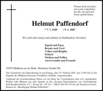 Traueranzeige von Helmut Paffendorf von Tageszeitung