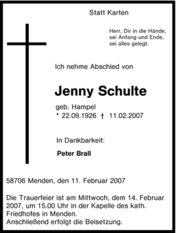 Traueranzeige von Jenny Schulte von Tageszeitung