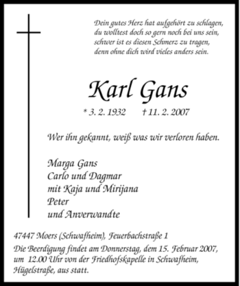 Traueranzeige von Karl Gans von Tageszeitung