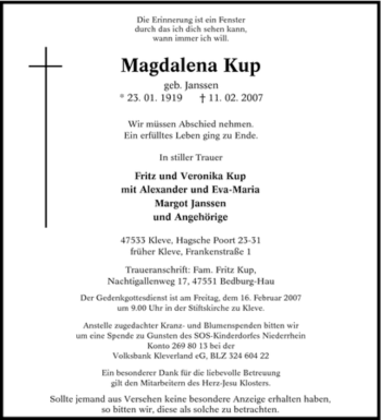 Traueranzeige von Magdalena Kup von Tageszeitung