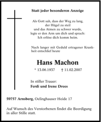 Traueranzeige von Hans Machon von Tageszeitung
