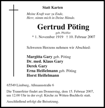 Traueranzeige von Gertrud Pöting von Tageszeitung
