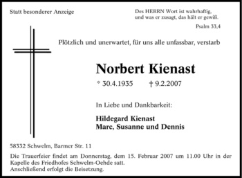 Traueranzeige von Norbert Kienast von Tageszeitung