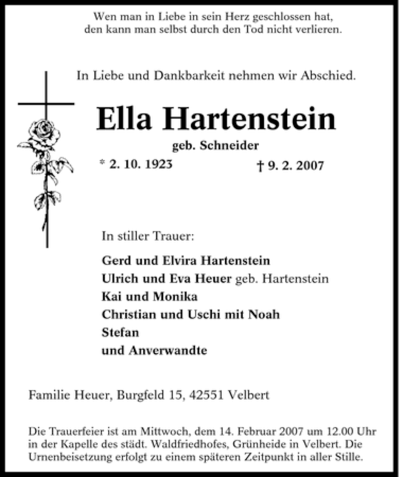  Traueranzeige für Ella Hartenstein vom 13.02.2007 aus Tageszeitung