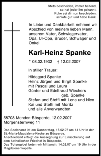 Traueranzeige von Karl-Heinz Spanke von Tageszeitung