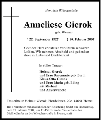 Traueranzeige von Anneliese Gierok von Tageszeitung