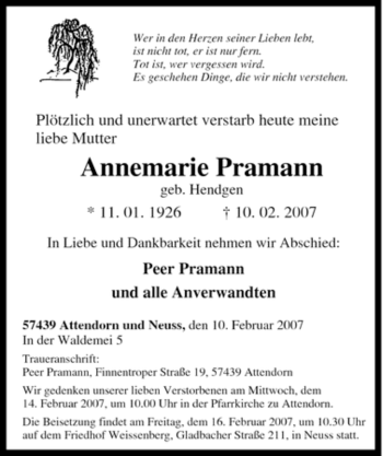 Traueranzeige von Annemarie Pramann von Tageszeitung
