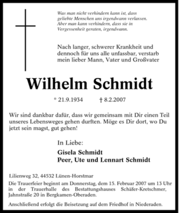 Traueranzeige von Wilhelm Schmidt von Tageszeitung