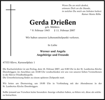 Traueranzeige von Gerda Drießen von Tageszeitung
