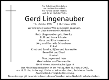 Traueranzeige von Gerd Lingenauber von Tageszeitung