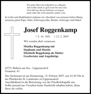Traueranzeige von Josef Roggenkamp von Tageszeitung