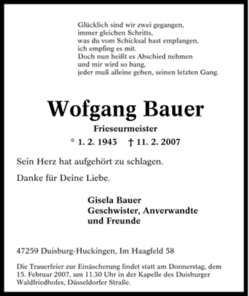 Traueranzeige von Wofgang Bauer von Tageszeitung