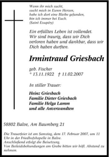 Traueranzeige von Irmintraud Griesbach von Tageszeitung