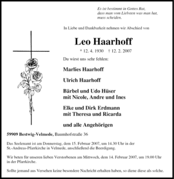 Traueranzeige von Leo Haarhoff von Tageszeitung