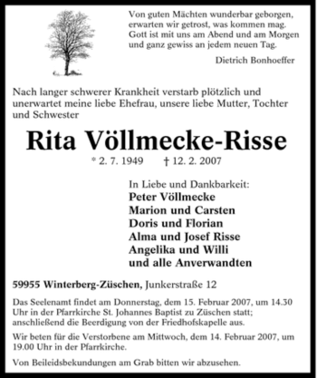 Traueranzeige von Rita Völlmecke-Risse von Tageszeitung