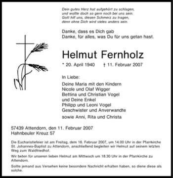 Traueranzeige von Helmut Fernholz von Tageszeitung