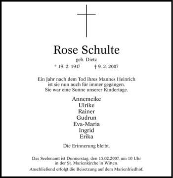 Traueranzeige von Rose Schulte von Tageszeitung
