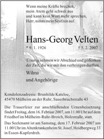 Traueranzeige von Hans-Georg Velten von Tageszeitung