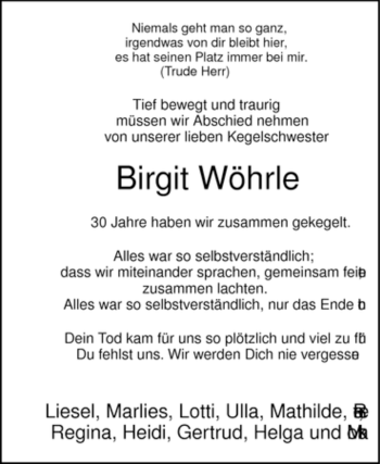 Traueranzeige von Birgit Wöhrle von Tageszeitung