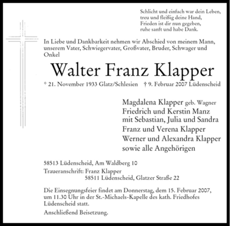  Traueranzeige für Walter Franz Klapper vom 13.02.2007 aus Tageszeitung