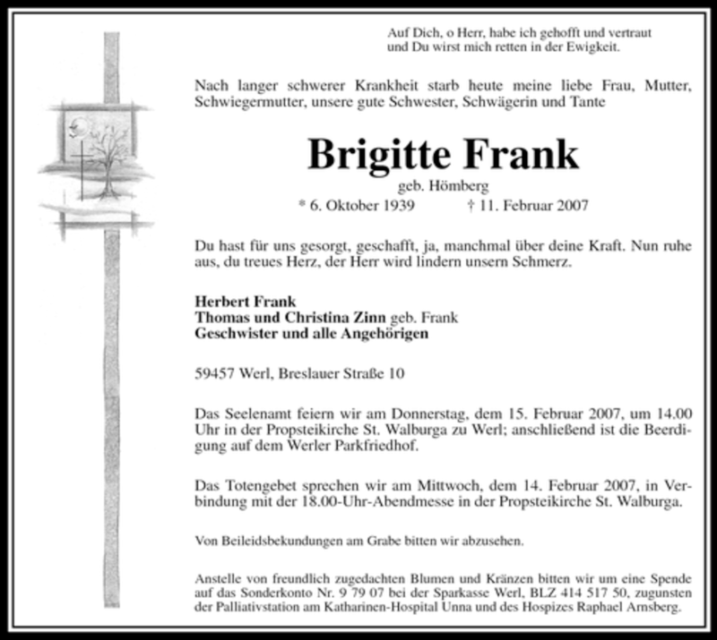  Traueranzeige für Brigitte Frank vom 13.02.2007 aus Tageszeitung