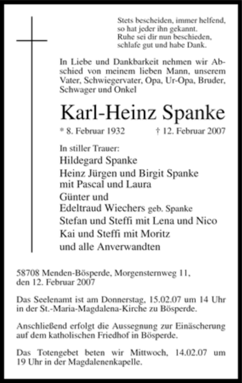 Traueranzeige von Karl-Heinz Spanke von Tageszeitung