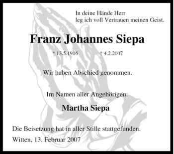 Traueranzeige von Franz Johannes Siepa von Tageszeitung